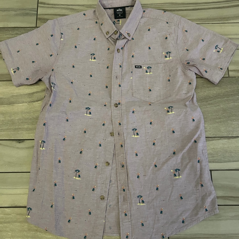Rip Curl Men's Light Purple Short Sleeve Button-Down Shirt with Palm Hula Girls